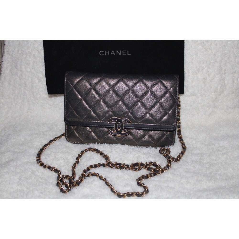 Chanel Leather Quilted Wallet on Chain WOC Gold Hardware Black with gold glaze